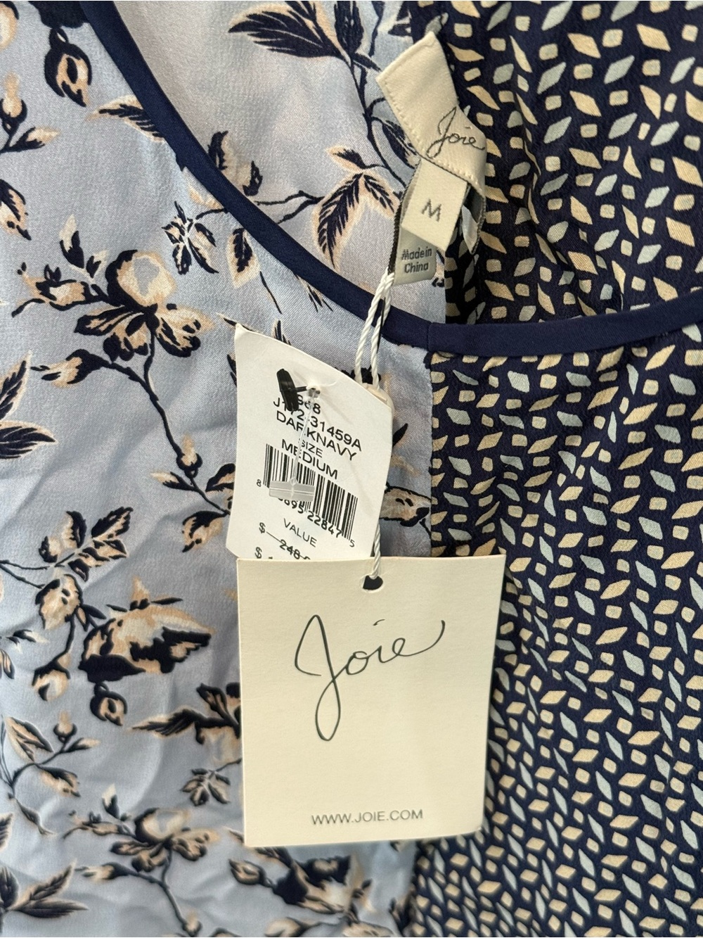 NWT 100% Silk Joie Light Blue and Navy Mixed Print Sleeveless Dress M - Picture 3 of 6